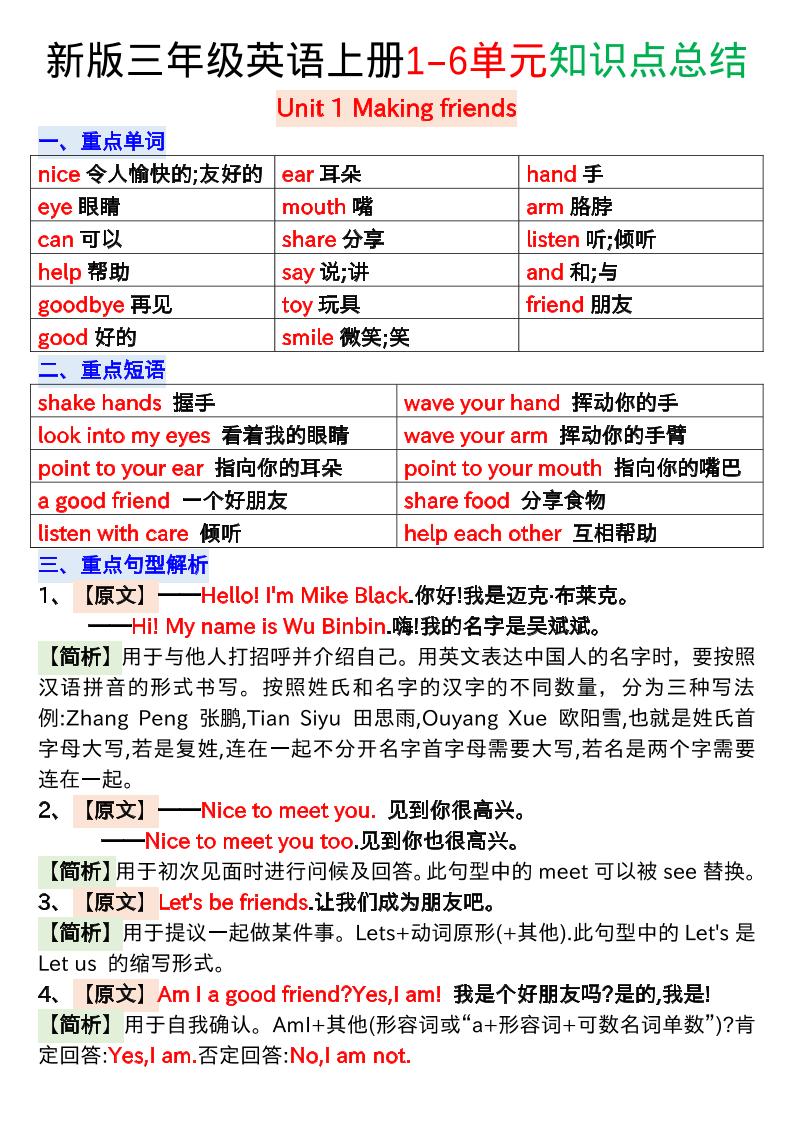 新版三年级英语上册1-6单元知识点总结