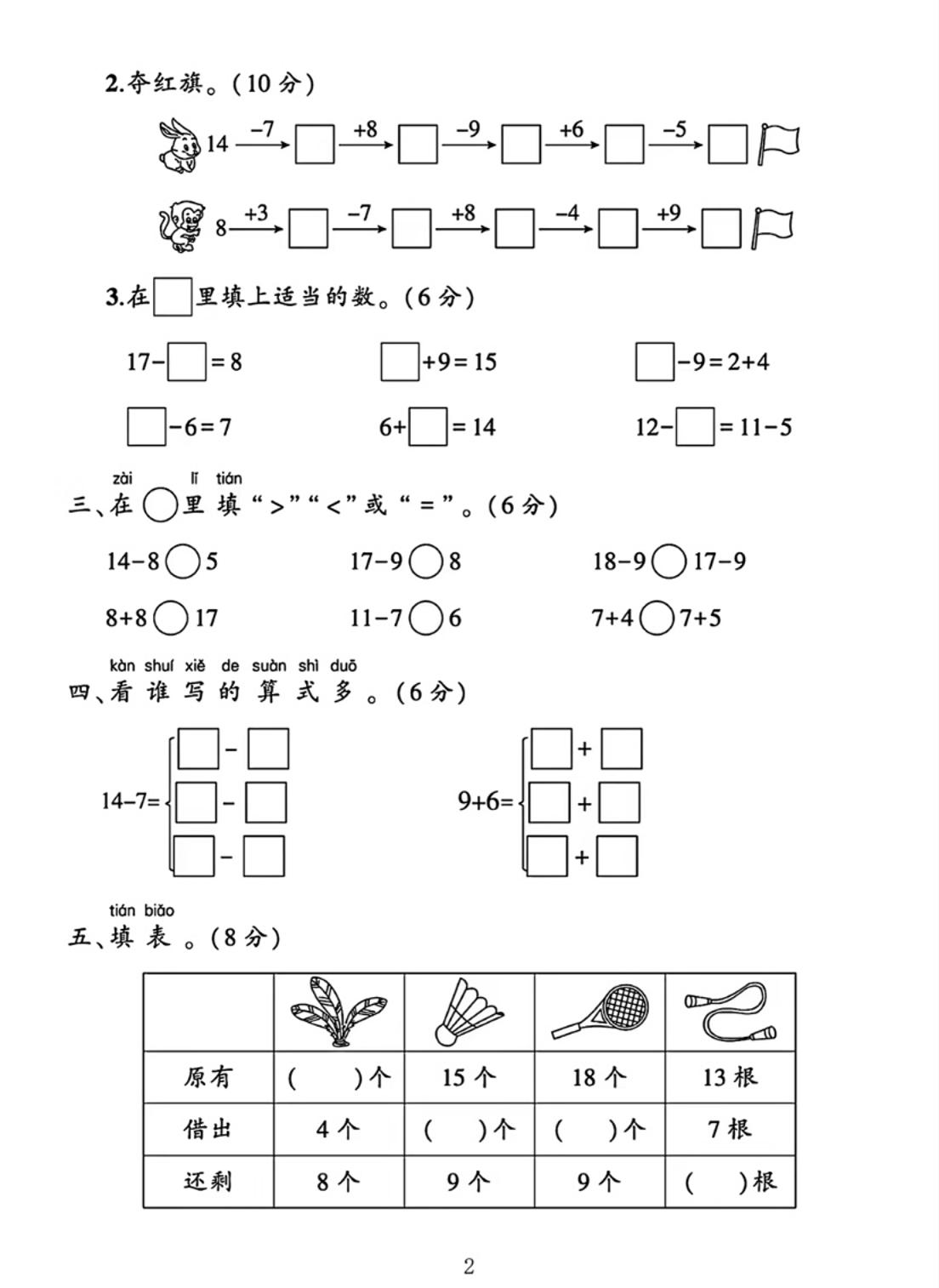 25春一年级下册苏教版数学第一单元《进位加法和退位减法》测试卷4页