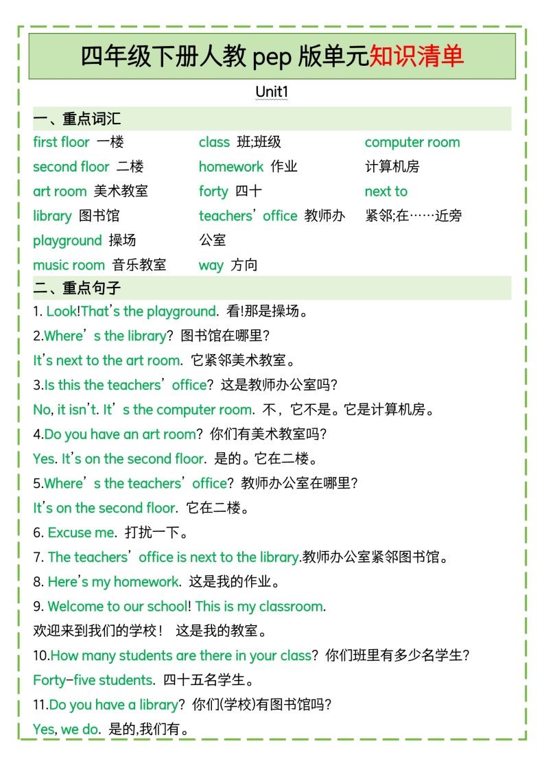 四年级下册英语人教pep版单元知识清单