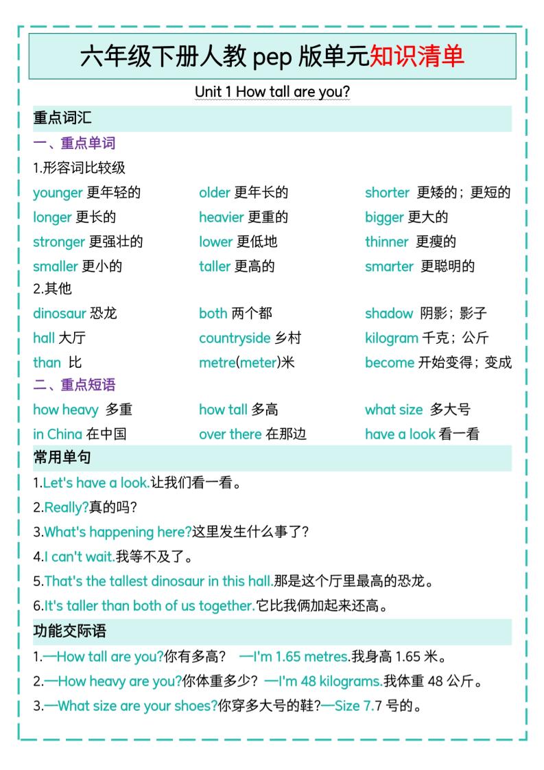 六年级下册英语人教pep版单元知识清单