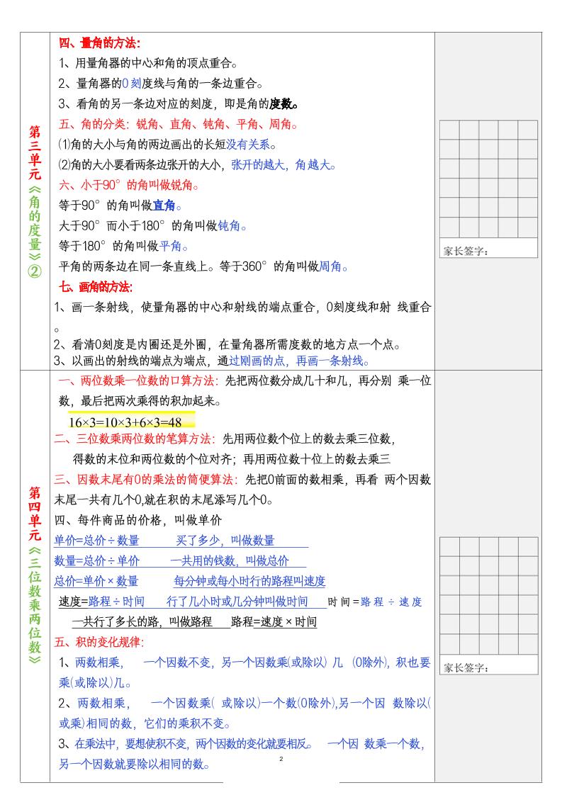 四年级上册数学暑假预习30天背诵表5页