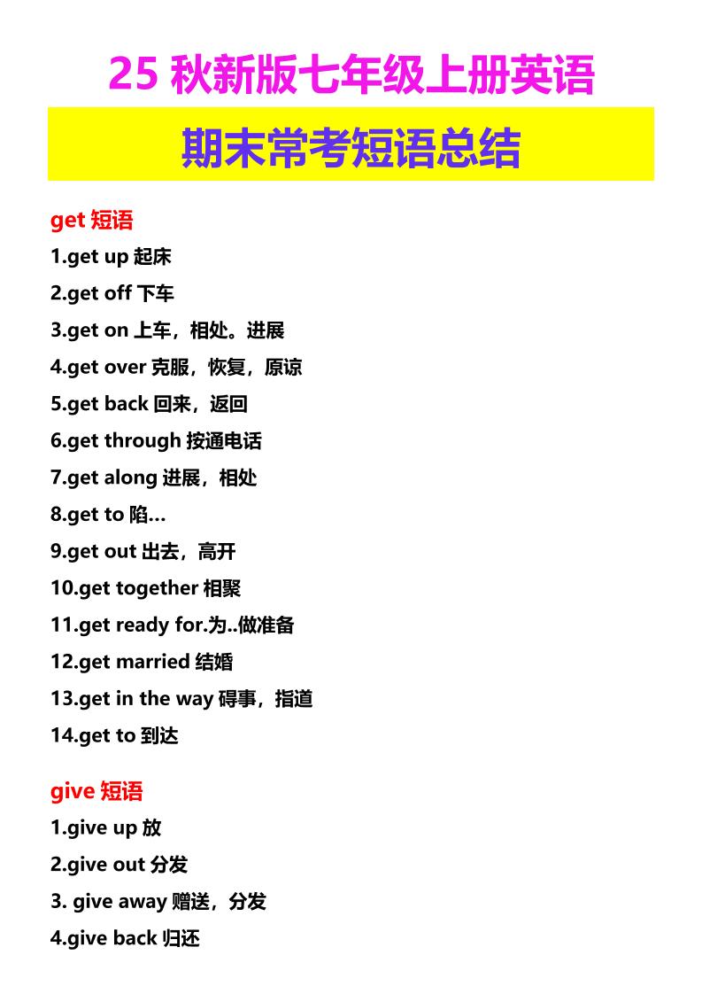 【2025秋新版】七年级上册英语期末常考短语总结