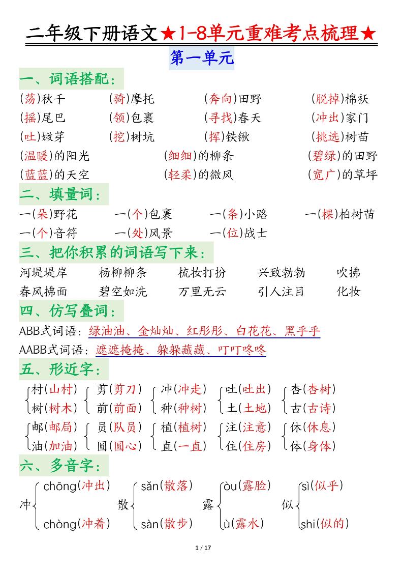 二年级下册语文期末复习1-8单元重难考点梳理总结（17页）