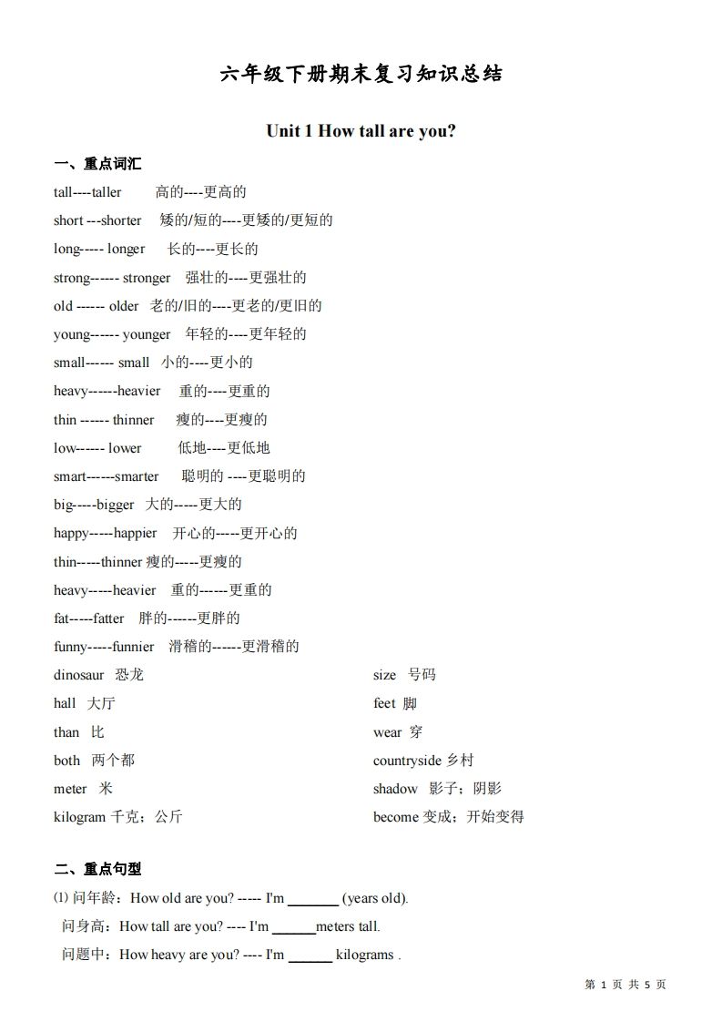 六年级下册人教版PEP英语期末复习知识总结