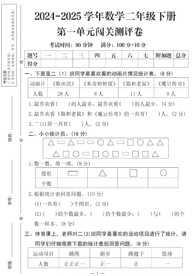 25学年数学二下第一单元闯关测评卷（含答案5页）人教
