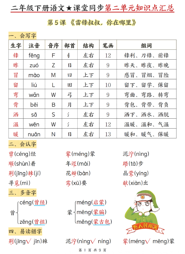 二下语文课堂同步第二单元知识点汇总