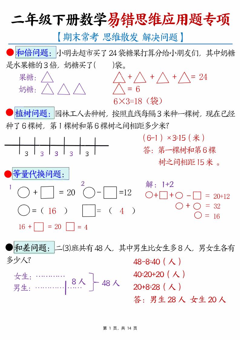 二年级下册数学易错思维应用题专项（28道母题）练习+答案版14页