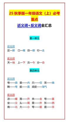 【2025秋新版】一年级语文上必考重点近义词+反义词全汇总