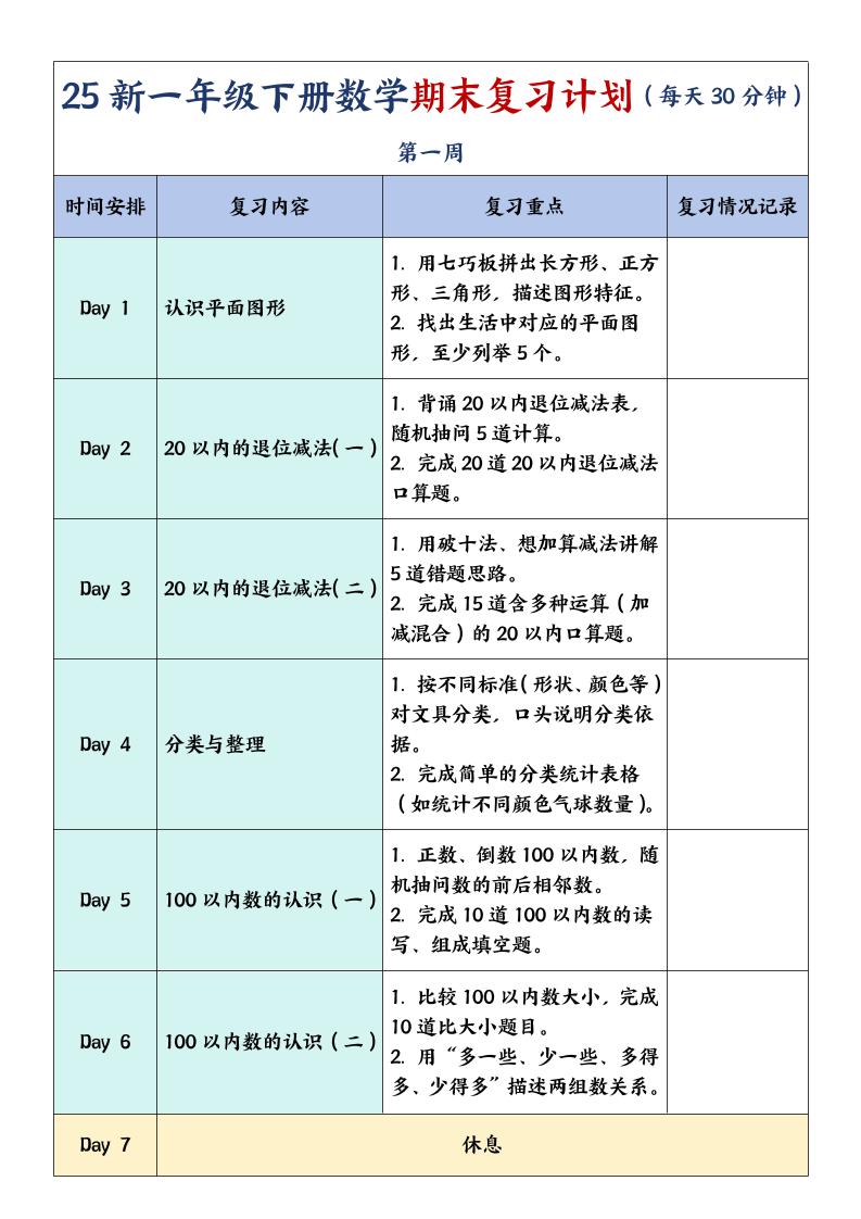 一年级下册数学【期末复习计划】