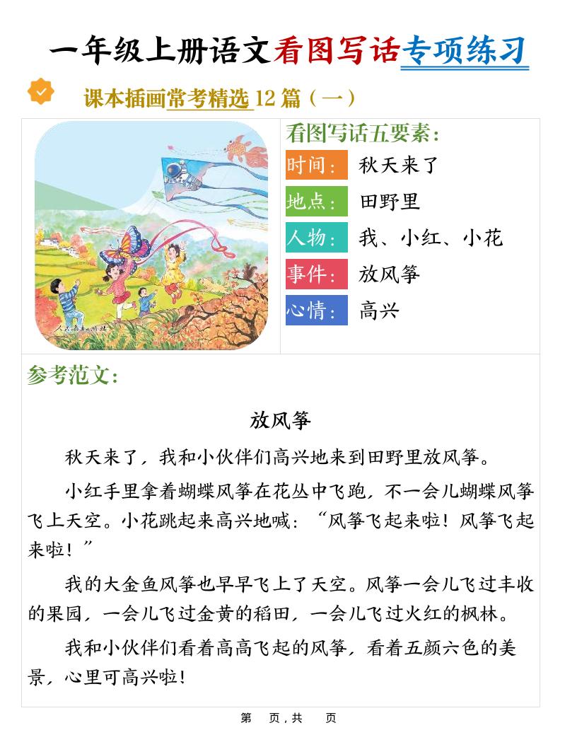 新一年级上册语文看图写话专项练习常考精选12篇（含范文24页）