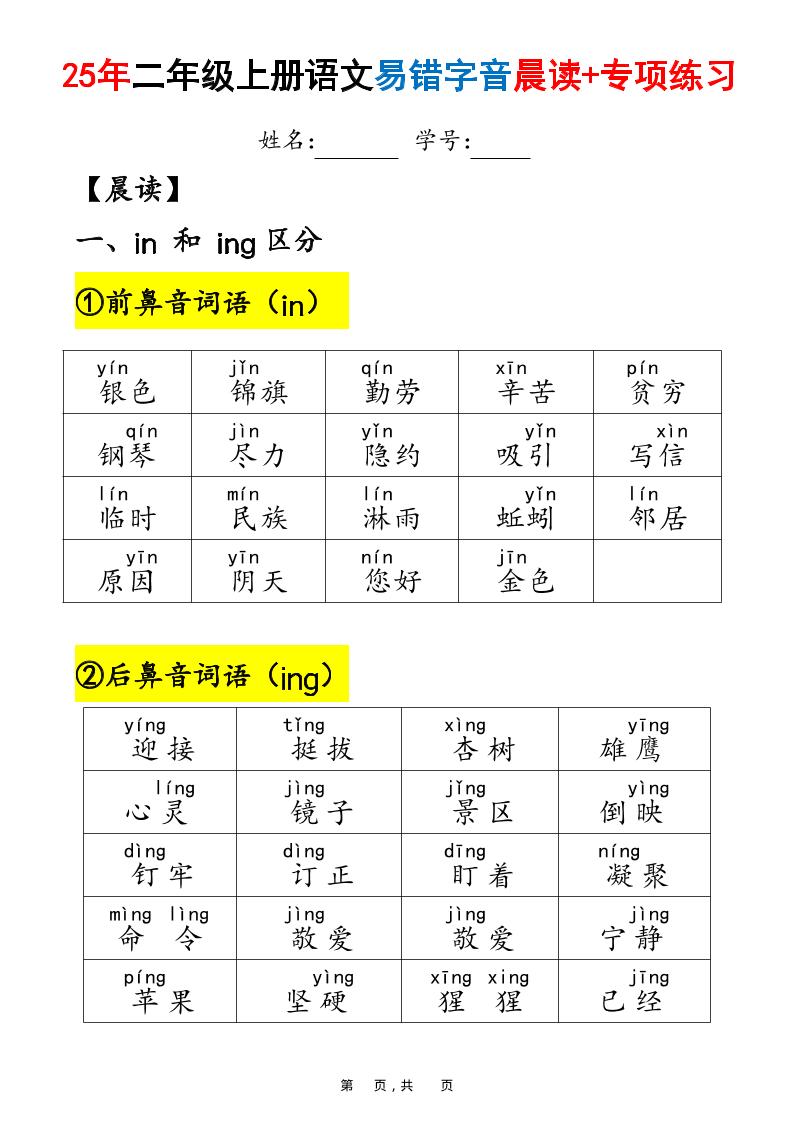 25年二年级上册语文易错字音（晨读+专项练习）含答案28页
