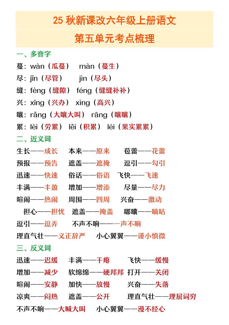 【2025秋新版】六年级上册语文第五单元重点考点梳理