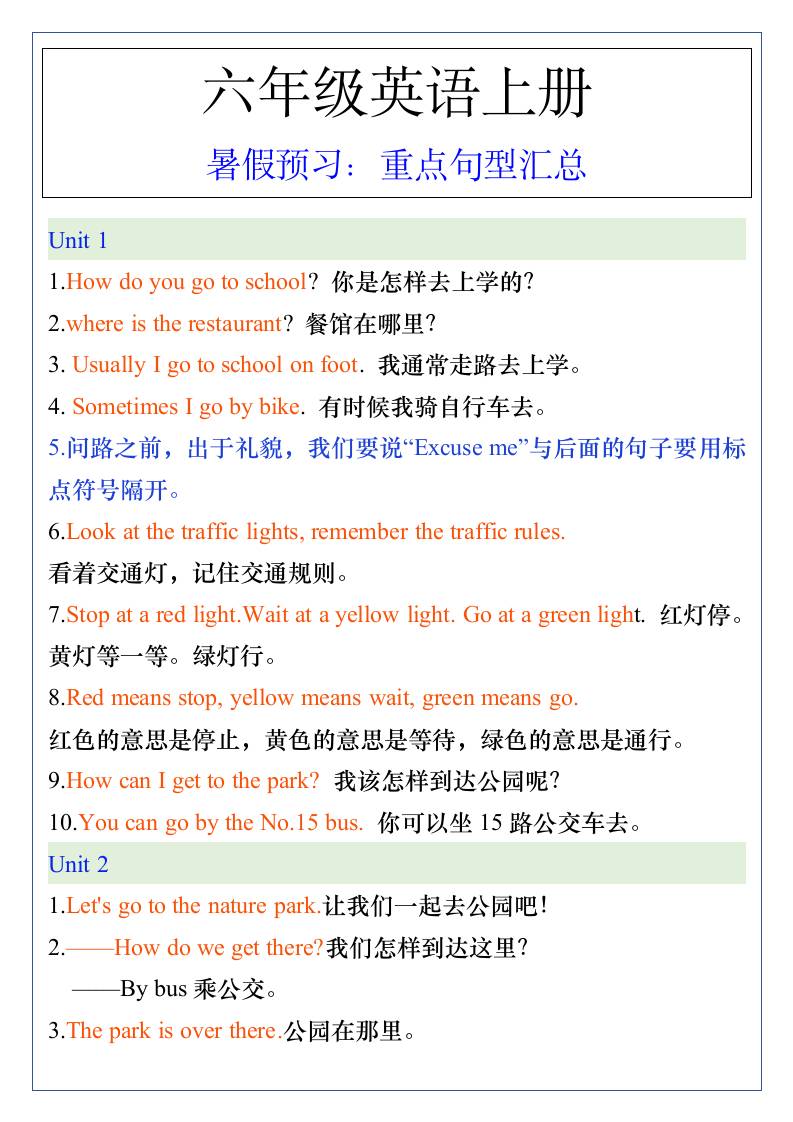 五升六年级英语上册暑假预习：重点句型汇总-六年级上册英语