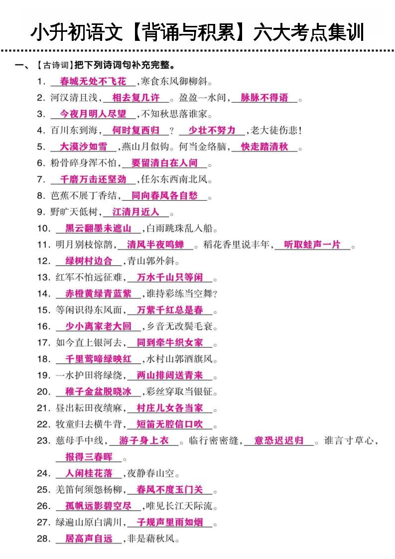 小升初语文【背诵与积累】六大考点集训