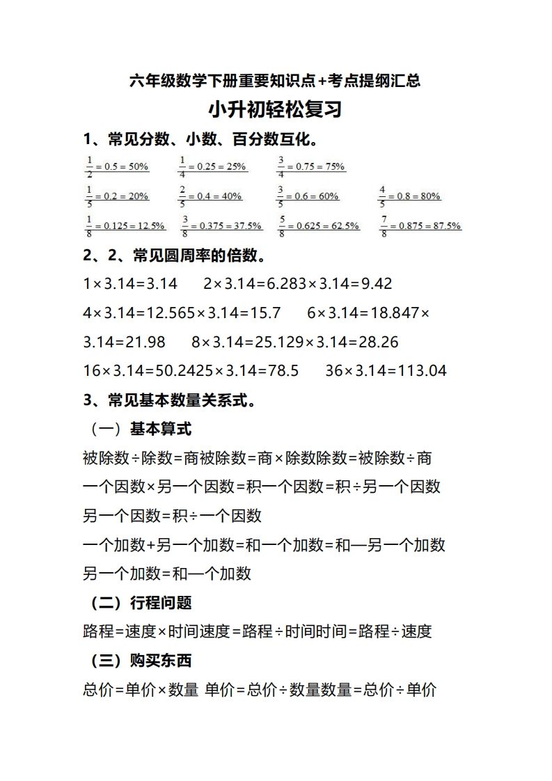 六年级下册数学重要知识点+考点提纲汇总(1)