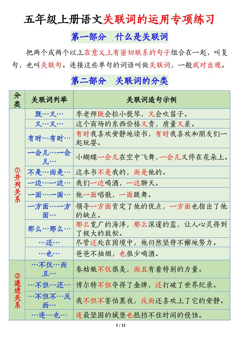 五年级上册语文关联词语的运用专项练习（11页）