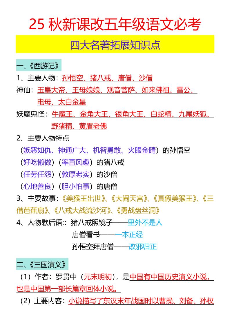 【2025秋新版】五年级语文必考四大名著拓展知识点-五年级上册语文