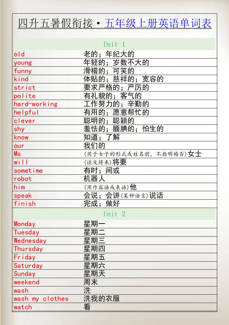 四升五暑假衔接五年级上册英语单词表-五年级上册英语
