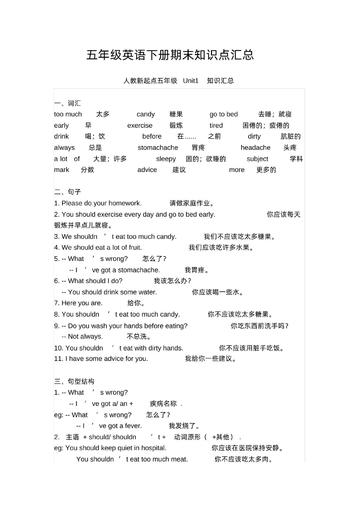 五年级下册人教版一起点英语【期末知识清单汇总】