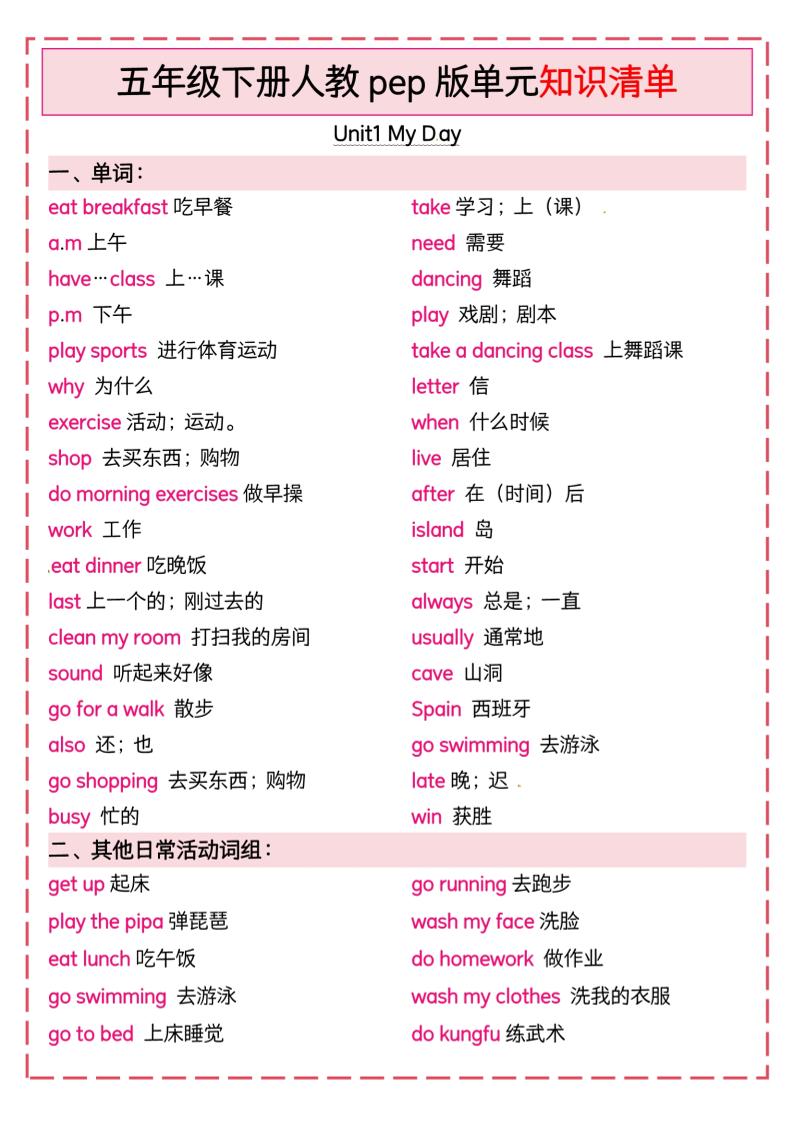 五年级下册英语人教pep版单元知识清单