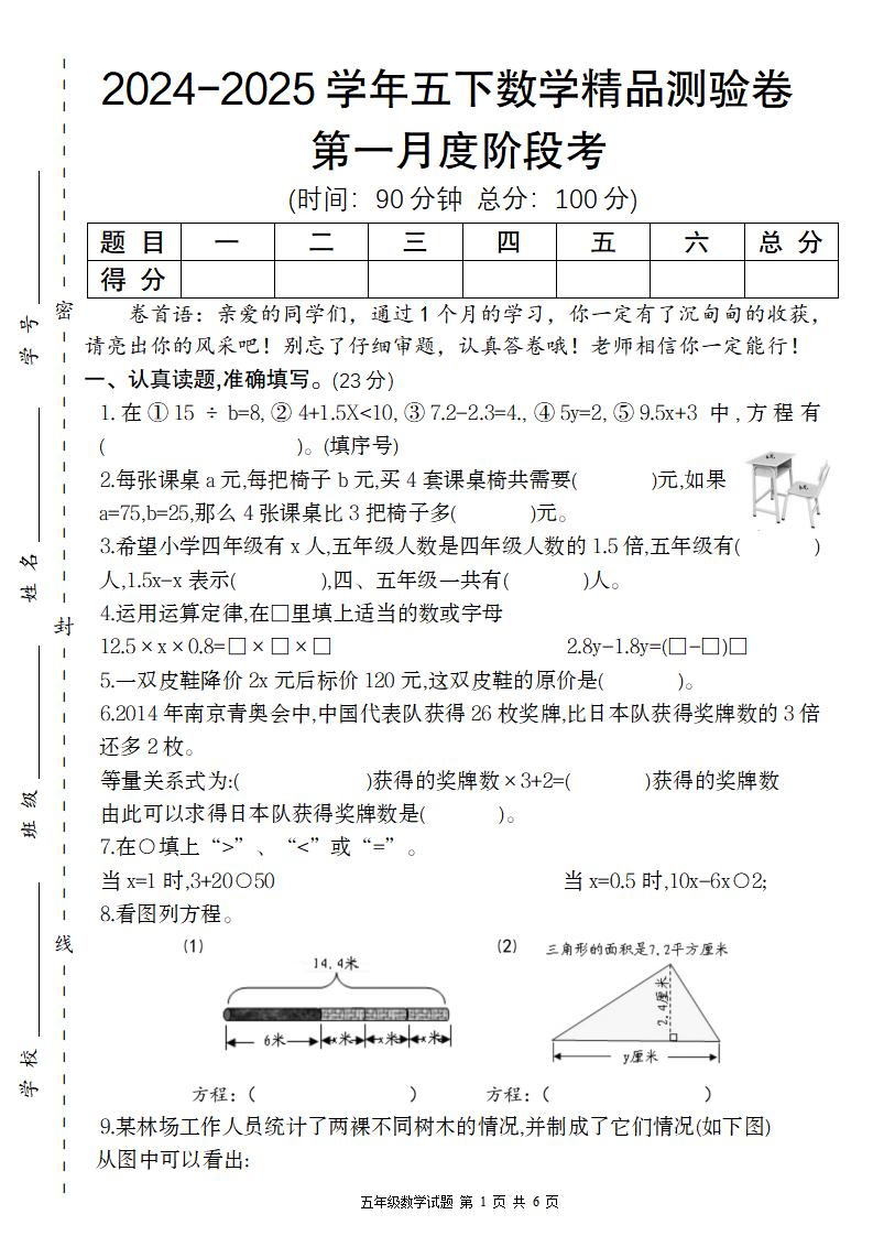 【苏教版】2024-2025学年五年级下册数学第一月度阶段考精品测验卷