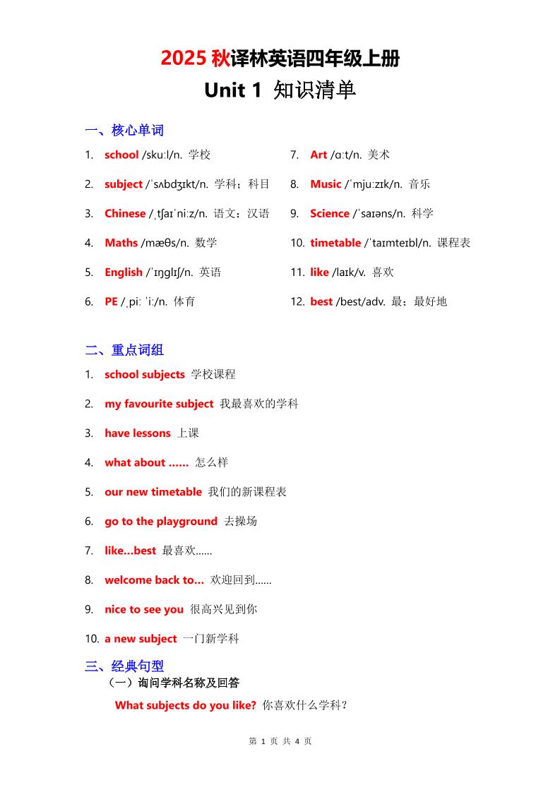 2025秋译林英语四年级上册Unit1知识清单