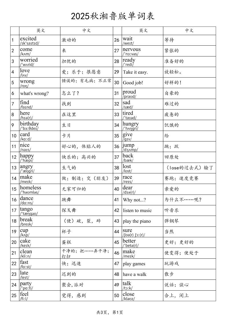 2025秋四年级上册英语湘鲁版单词表