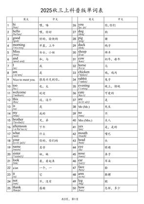 2025秋三年级上册英语科普版单词表