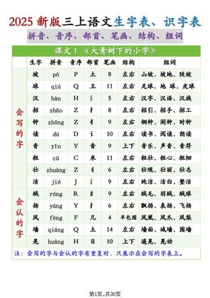 25秋新三年级上册语文生字组词(拼音音序部首笔画结构组词)生字表识字表30页
