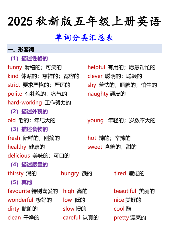 【2025秋新版】五年级上册英语单词分类汇总表