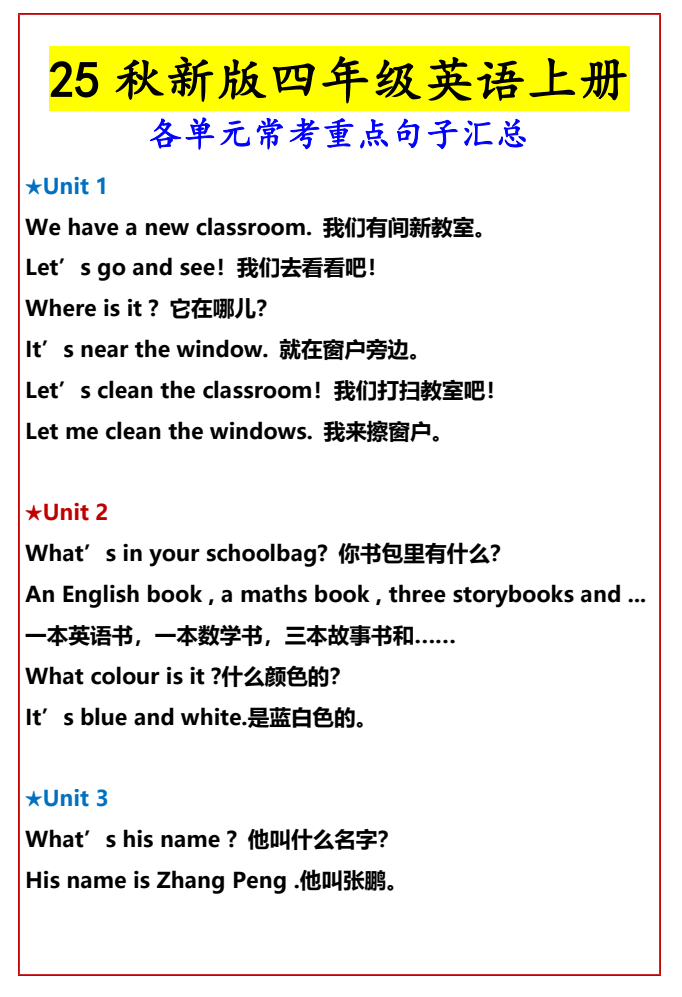 【2025秋新版】四年级英语上册各单元常考重点句子汇总