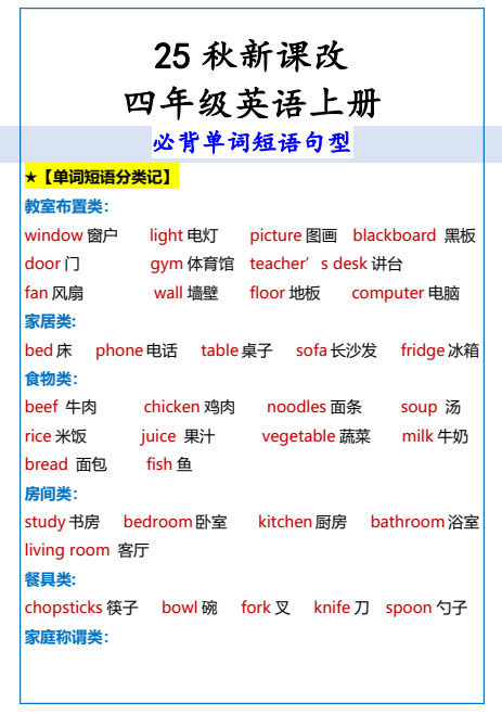 【2025秋新版】四年级英语上册必背单词短语句型
