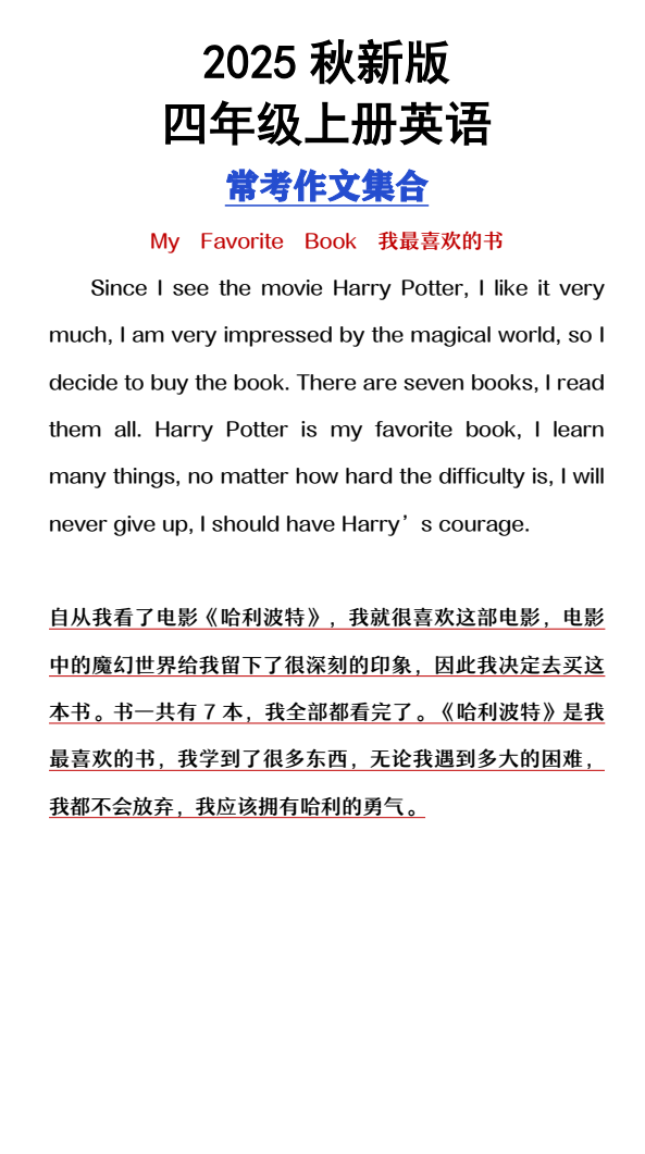 【2025秋新版】四年级上册英语常考作文合集