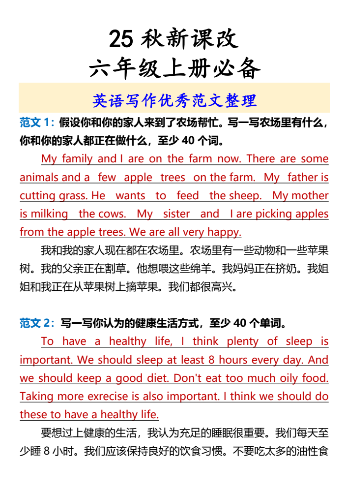 【2025秋新版】六年级上册必备英语写作优秀范文整理