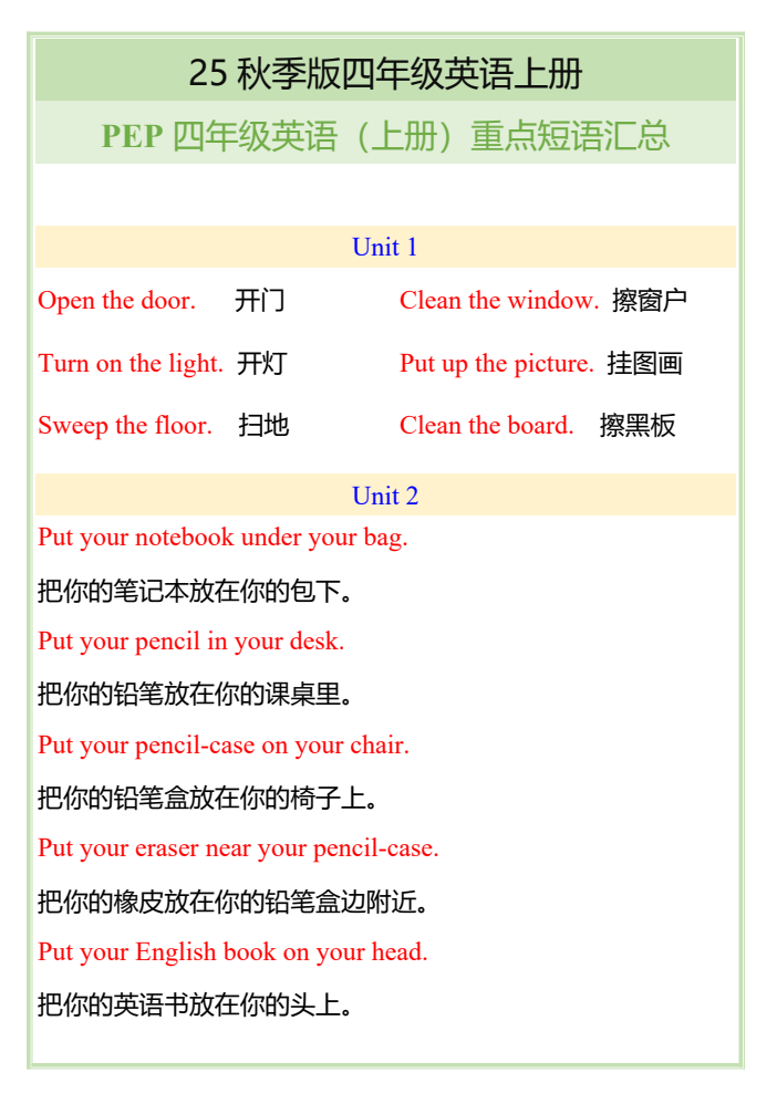 【2025秋新版】四年级英语（上册）重点短语汇总