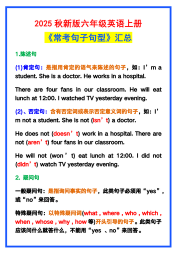 【2025秋新版】六年级英语上册《常考句子句型》汇总,学习巩固必备!