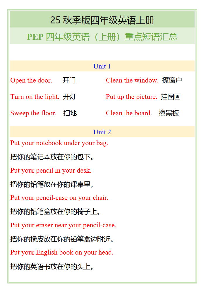 【2025秋新版】四年级英语上册重点短语汇总