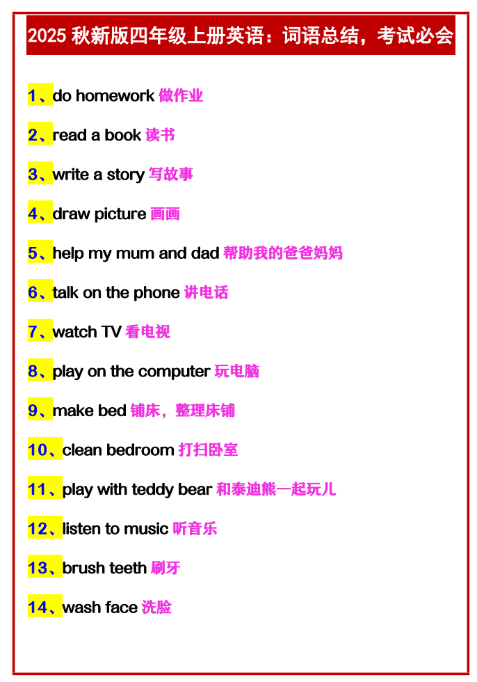 【2025秋新版】四年级上册英语：词语总结，考试必会