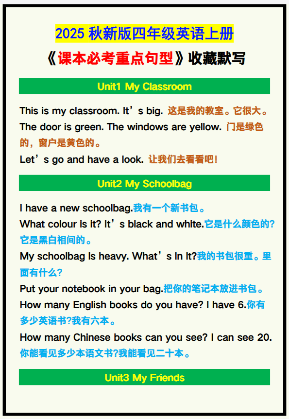 【2025秋新版】四年级英语上册《课本必考重点句型》汇总，收藏默写！