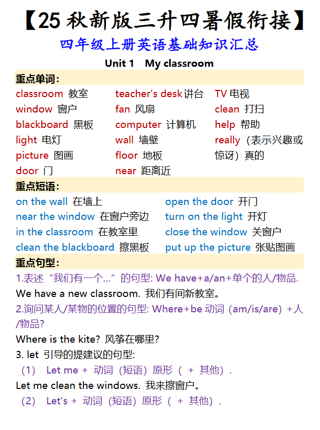 【2025秋新版】四年级上册英语基础知识汇总