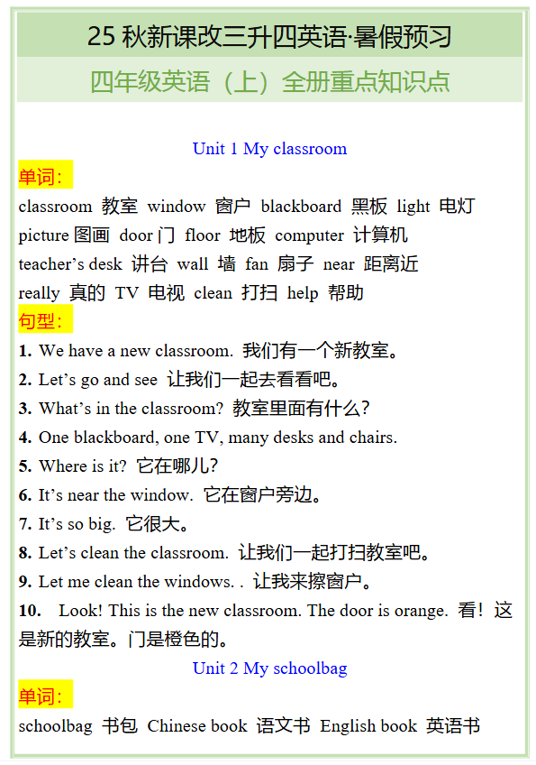 【2025秋新版】四年级英语上全册重点知识点