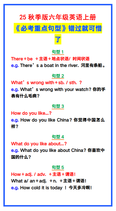 【2025秋新版】六年级英语上册《必考重点句型》错过就太可惜了！