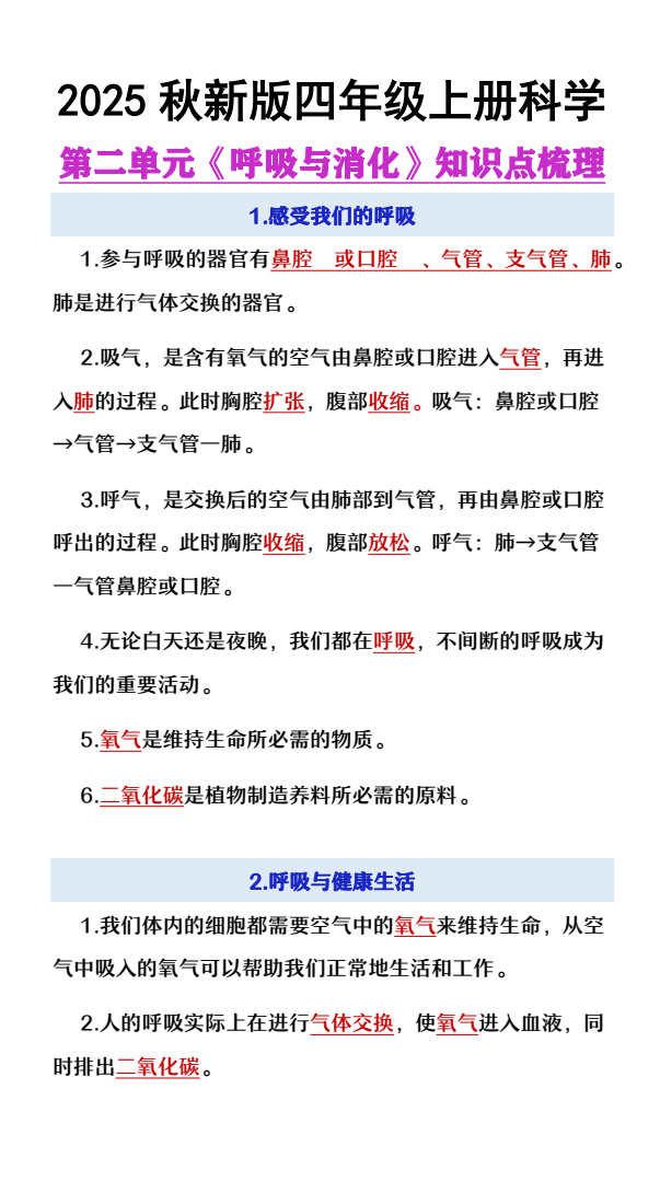 【2025秋新版】四年级上册语文第2单元《呼吸与消化》知识点梳理