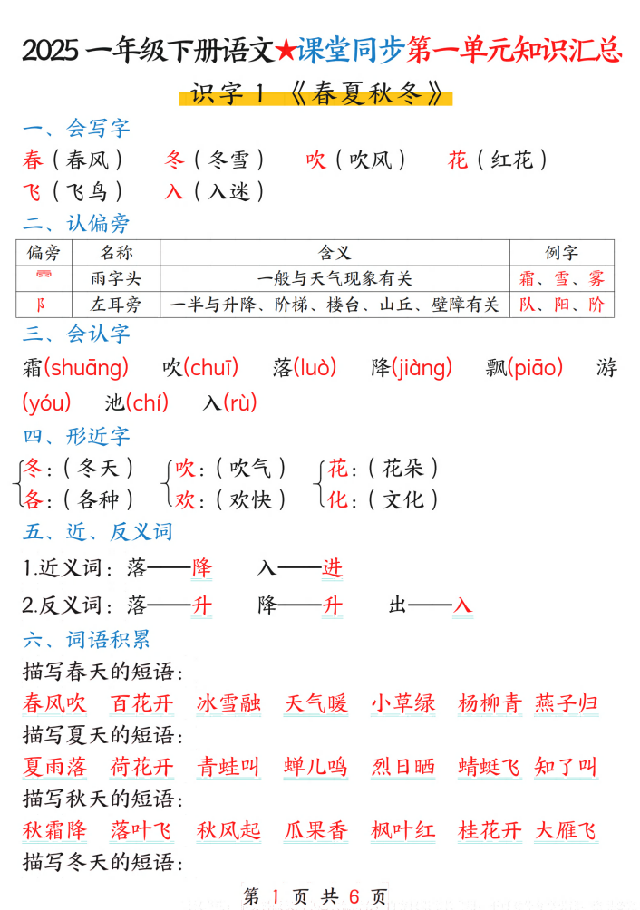 25春一年级下册语文课堂同步第一单元知识汇总（6页）