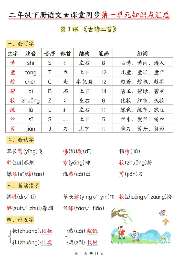 25新二年级上册语文必背课文默写小纸条（含答案15页）