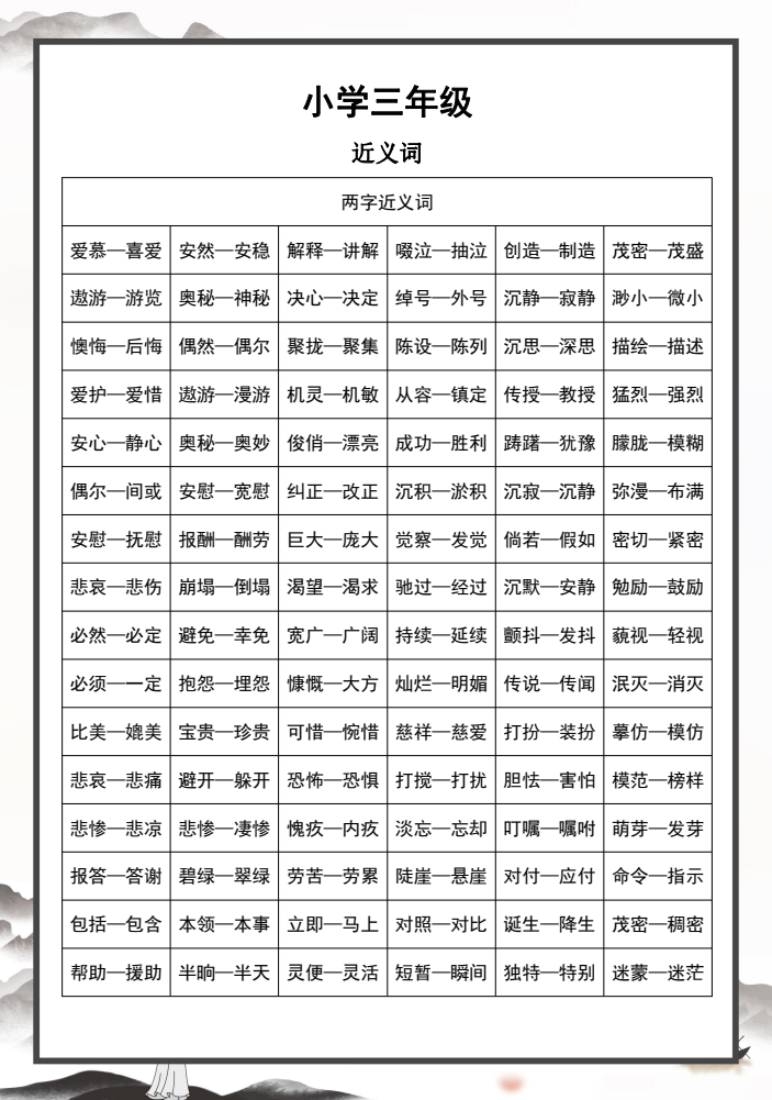 三年级上册语文近义词和反义词汇总