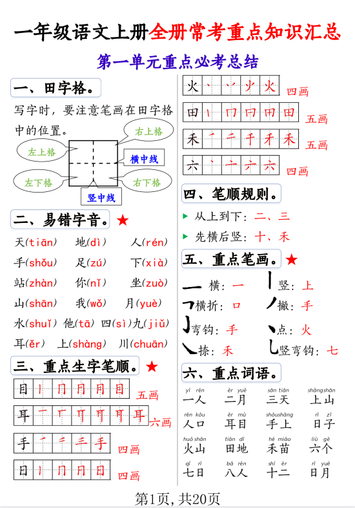 一年级上册语文全册1-8单元常考重点知识汇总20页