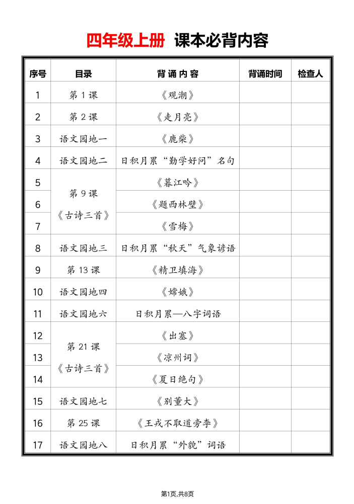 2025四年级上册语文必背课文内容汇总
