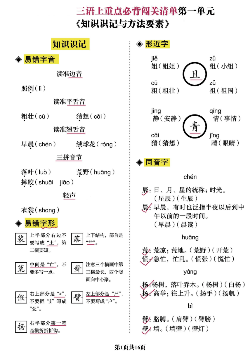 三年级上册语文-重点必背清单《知识识记与方法要素》必考